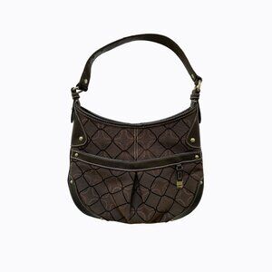 90s Y2K Crescent Shoulder Bag Med Espresso Geo Charm Leather Stud Office Siren